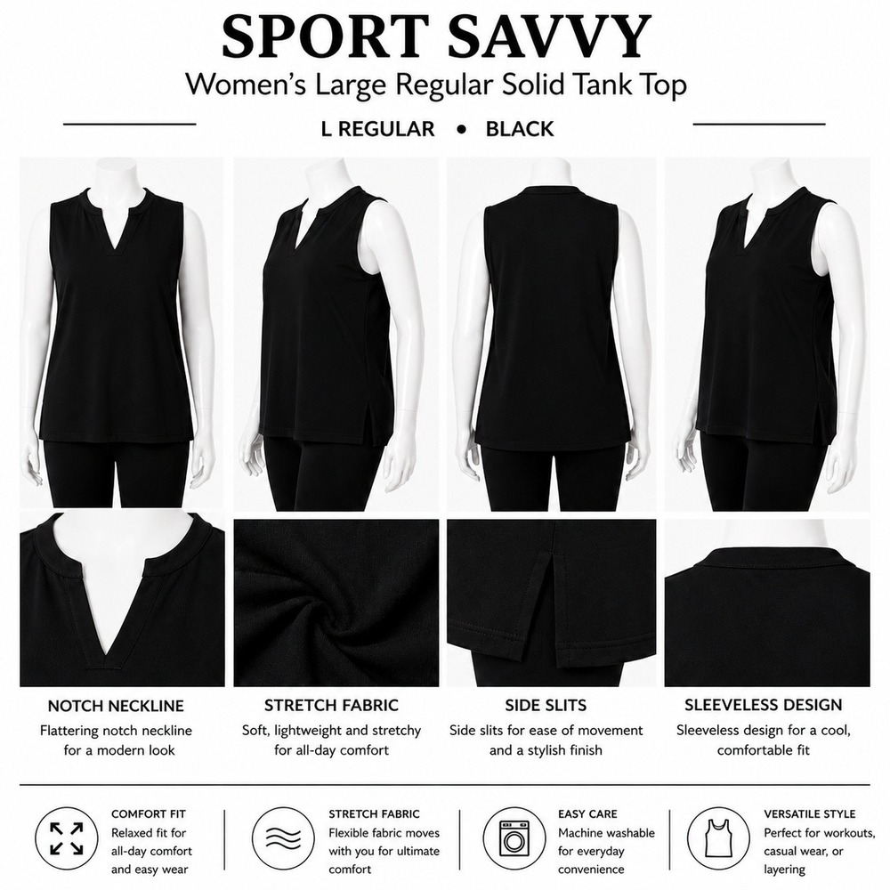 Sport Savvy Womens Large Black Solid Tank Top V Neck Side Slits Stretch A648401‎